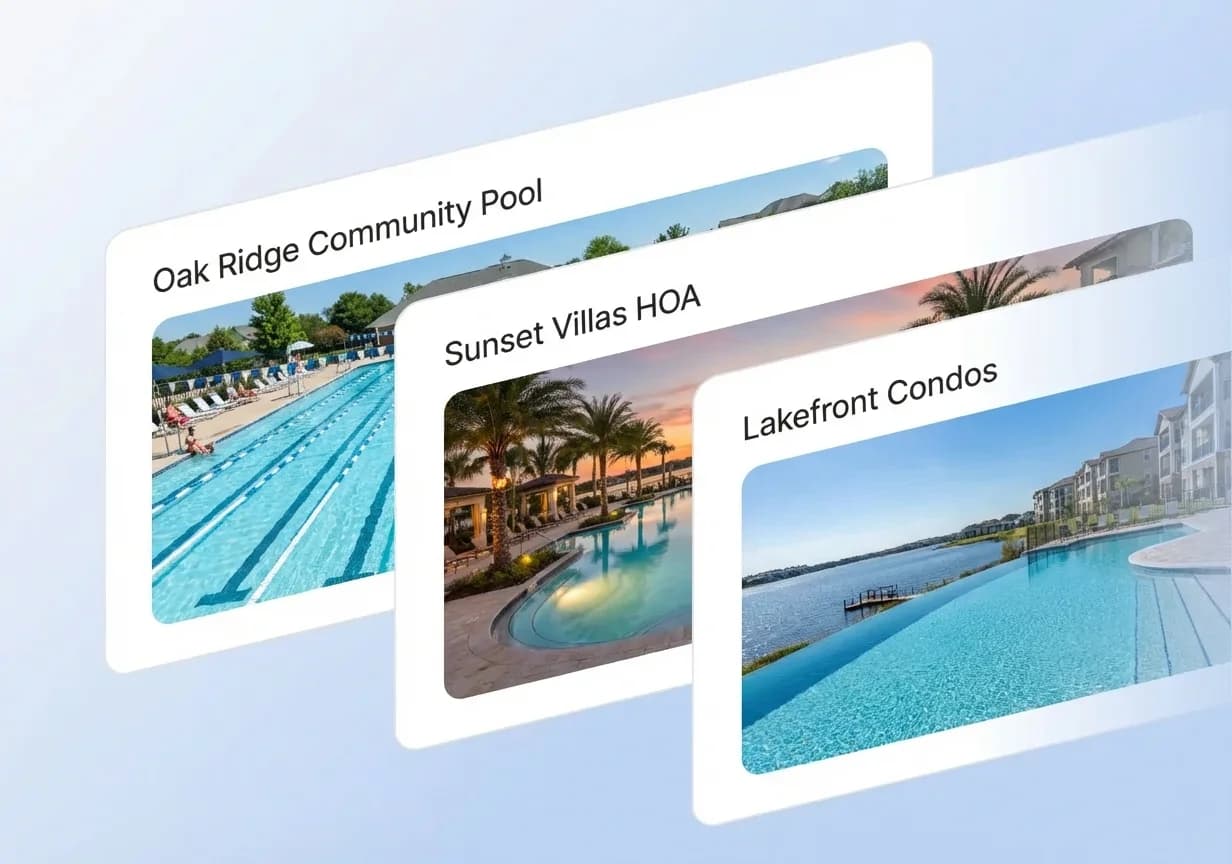 Multi-property management showing Oak Ridge Community Pool, Sunset Villas HOA, and Lakefront Condos
