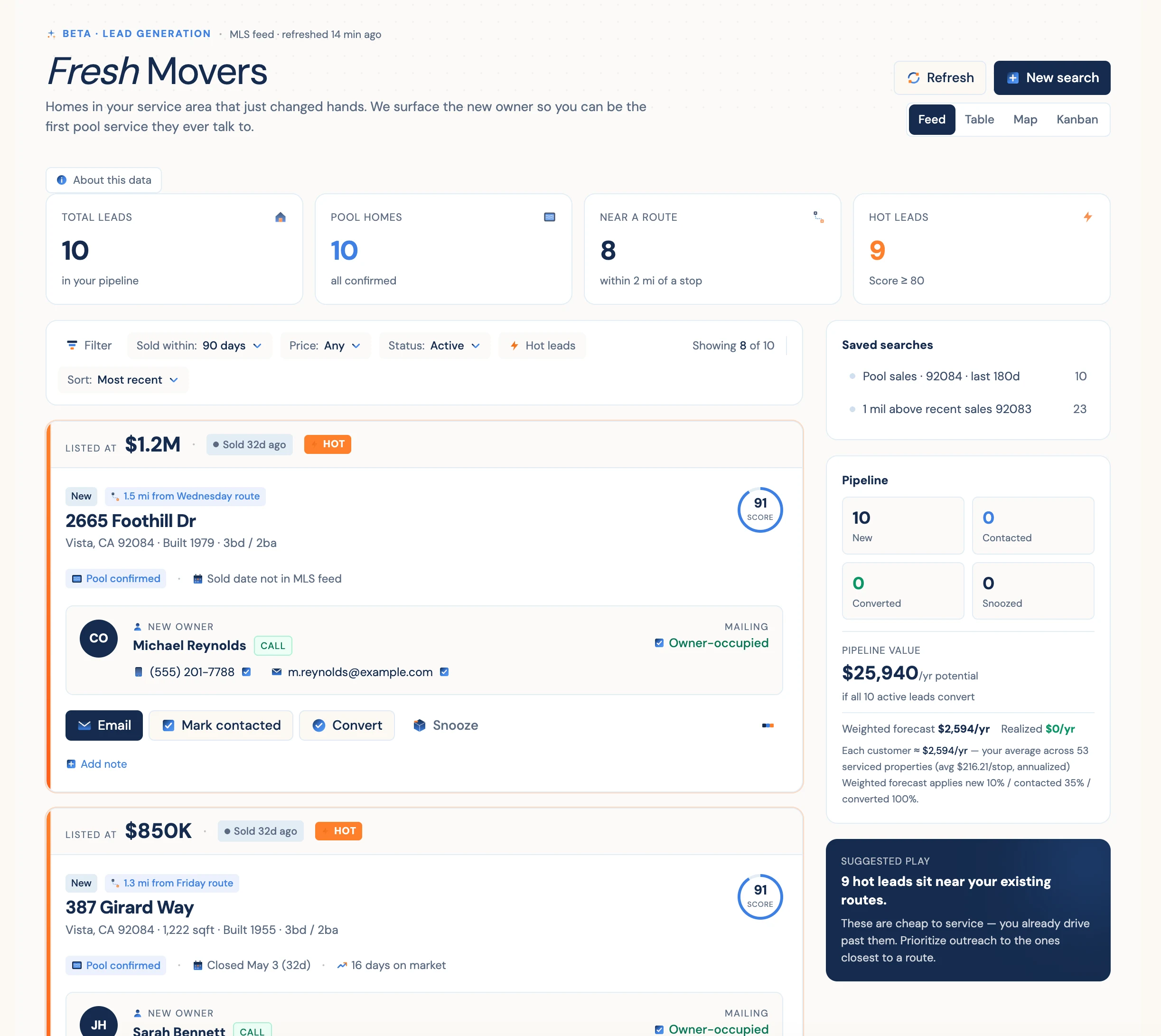 Pool Runs Fresh Movers dashboard: feed of new homeowners in your service area with contact info and lead scoring