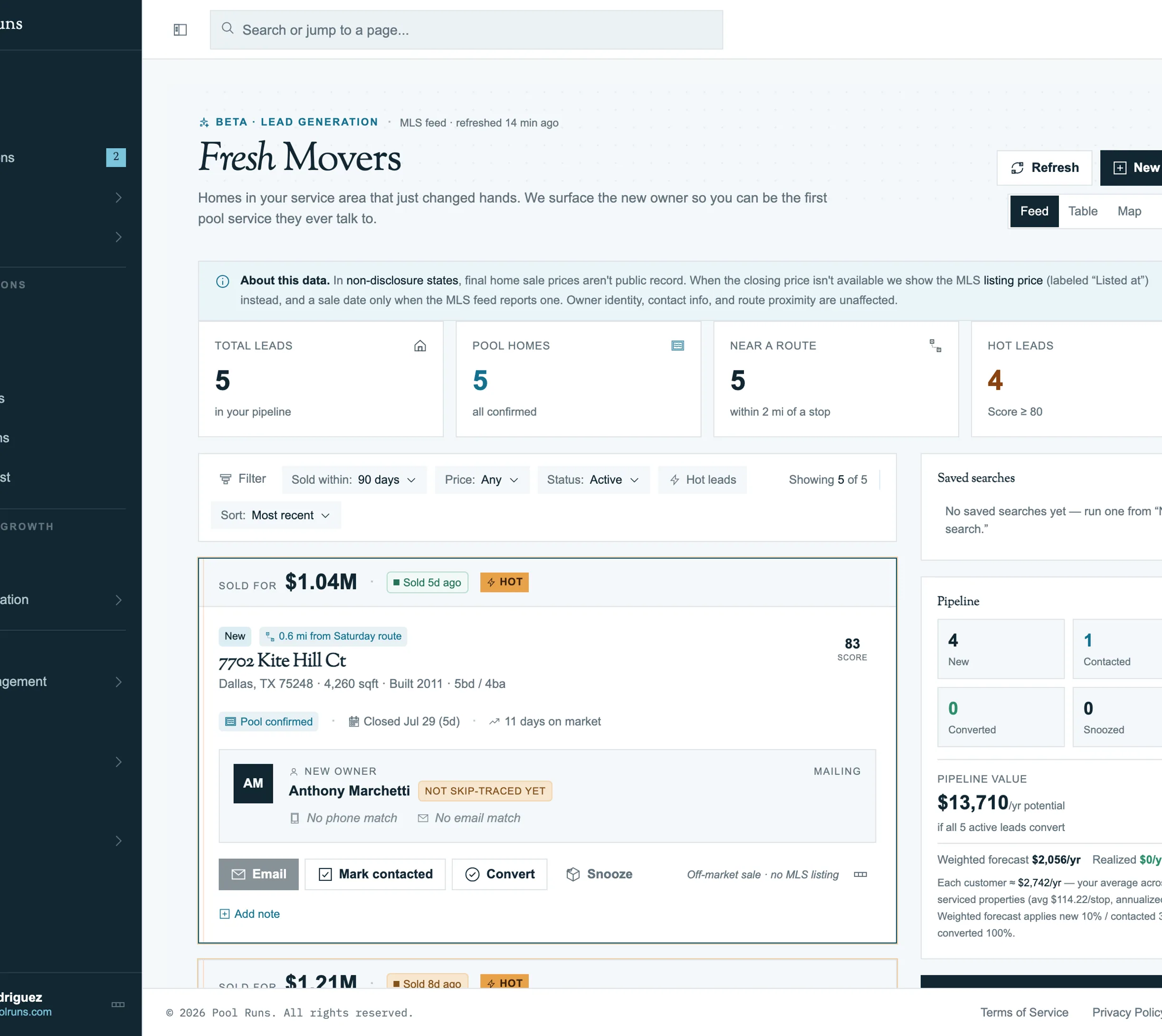 Pool Runs Fresh Movers dashboard: feed of new homeowners in your service area with contact info and lead scoring
