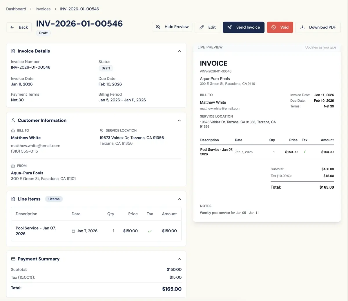 Invoice dashboard and preview