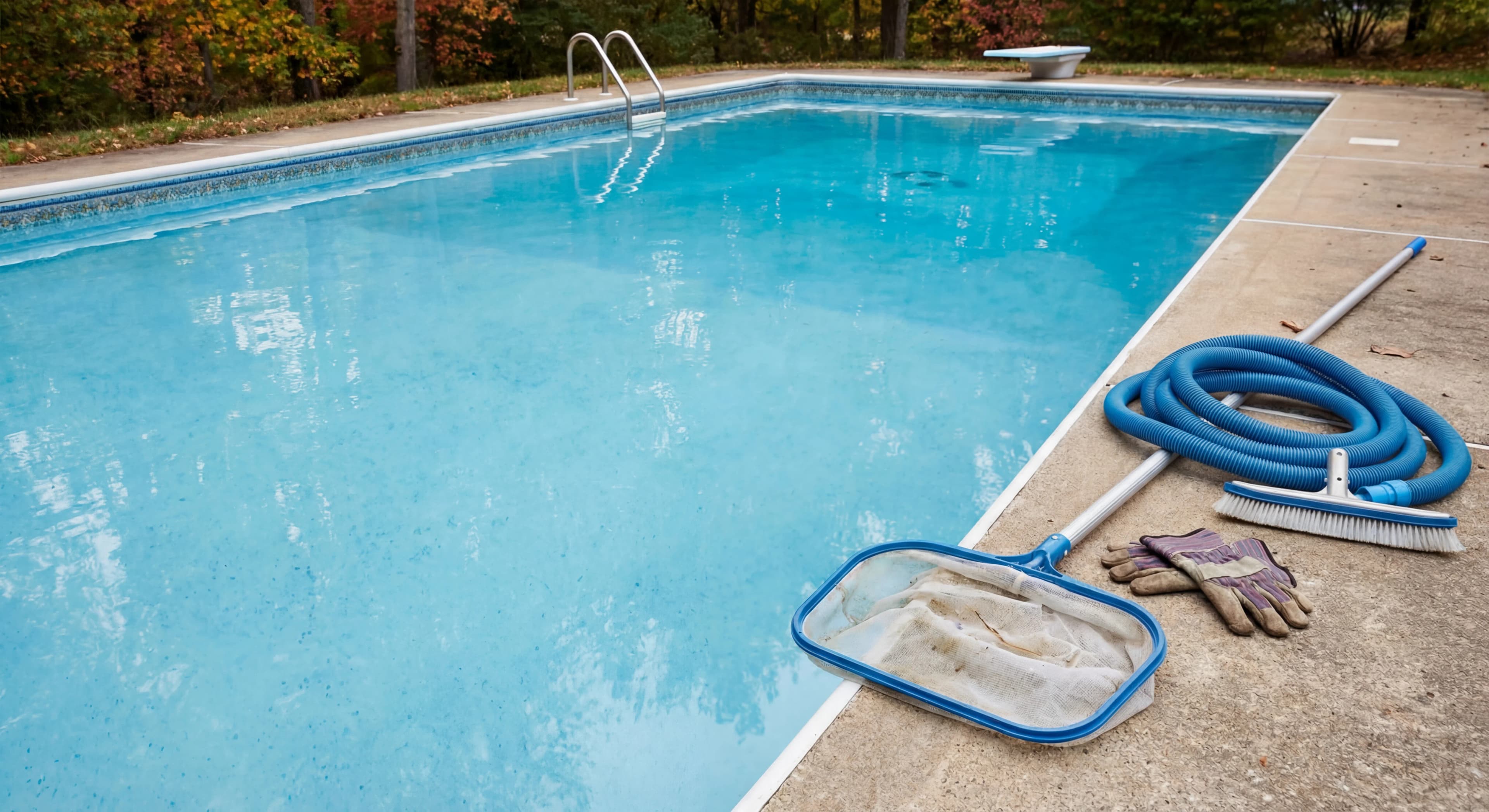Pool after service with clean blue water