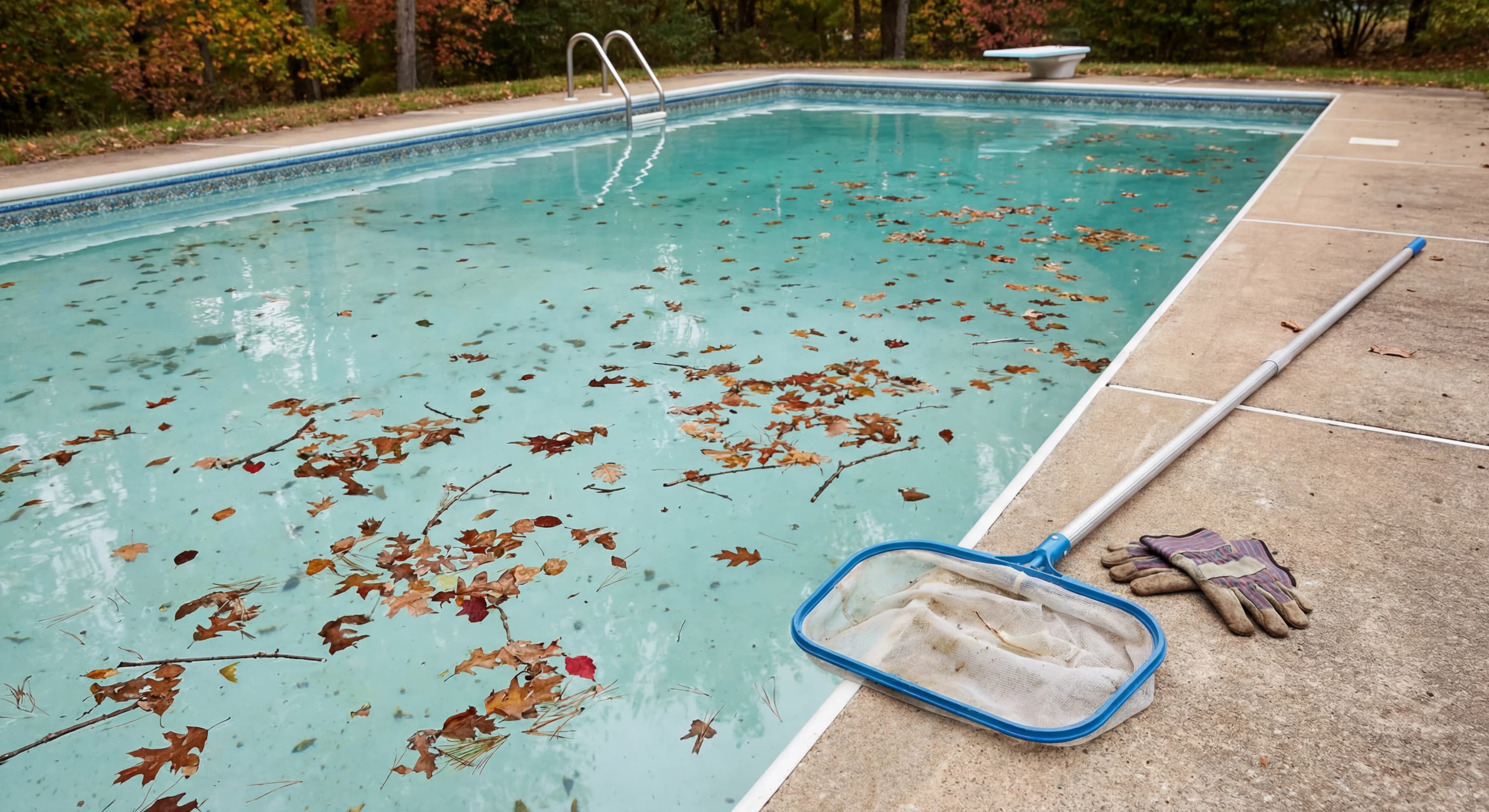 Pool before service with leaves and debris
