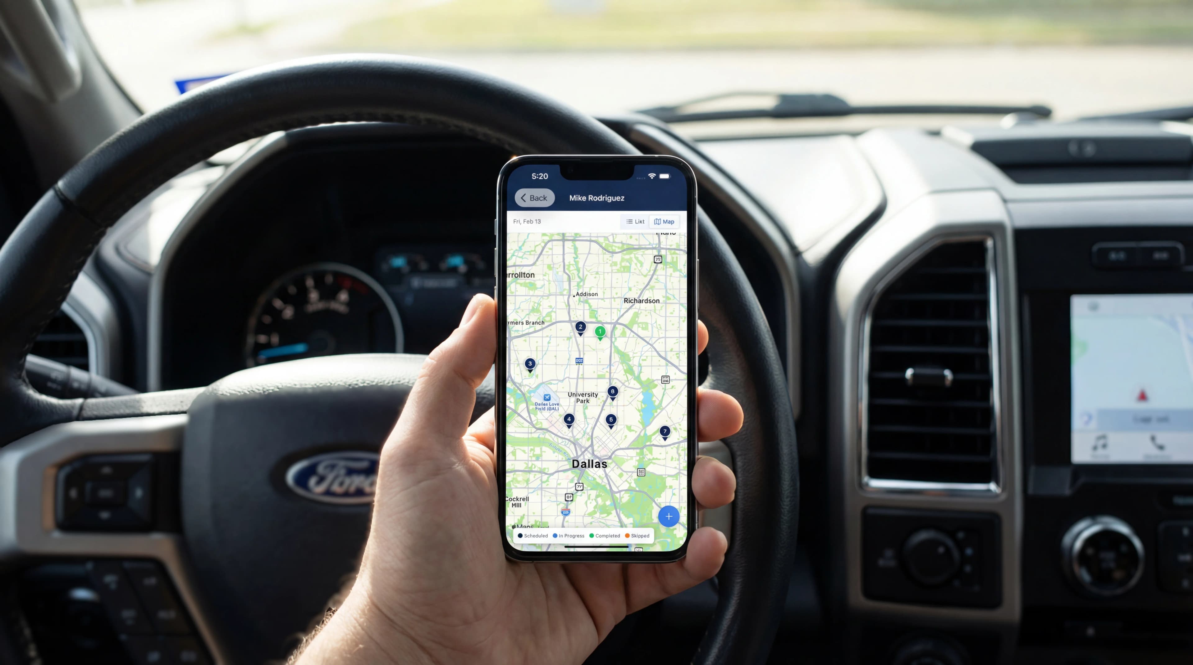 Pool service technician using Pool Runs route optimization on mobile app showing optimized route map across Dallas