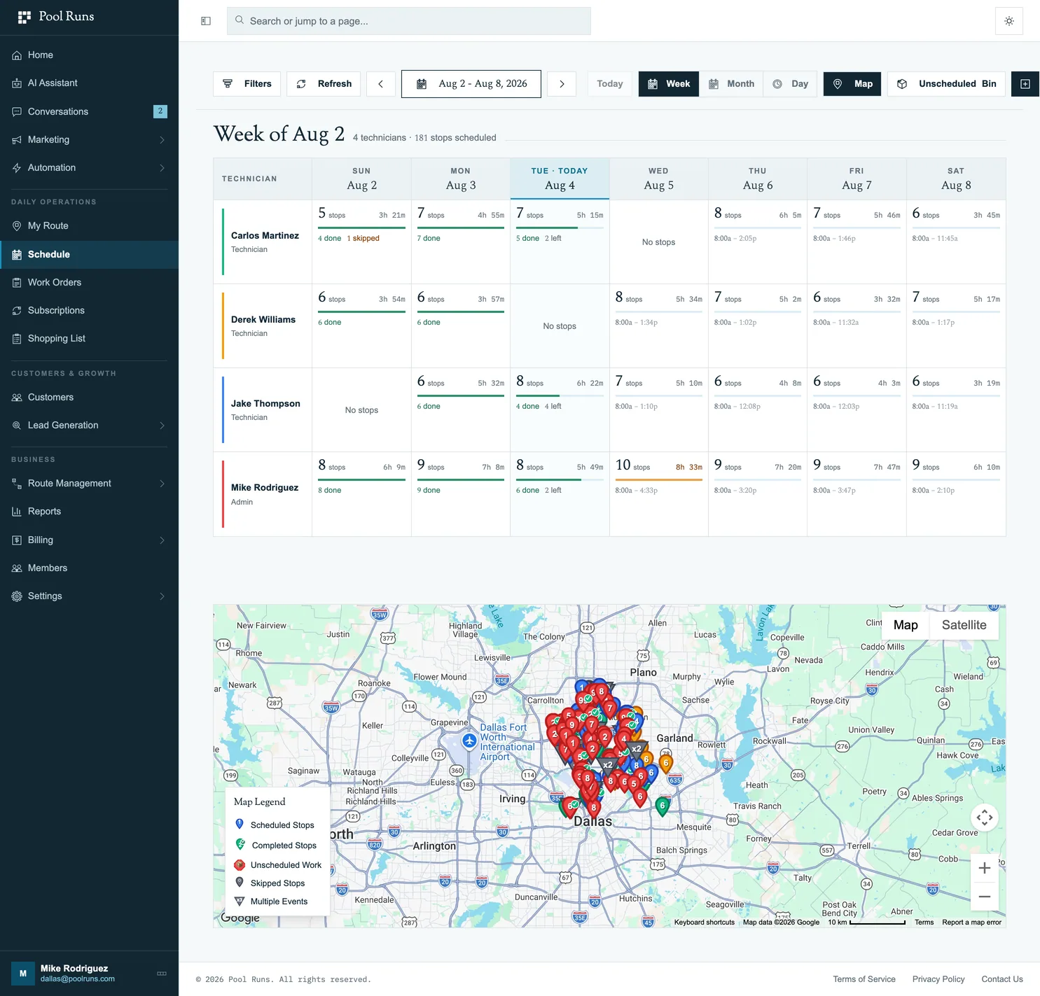 Pool Runs scheduling dashboard with week view, technician rows, and map of stops