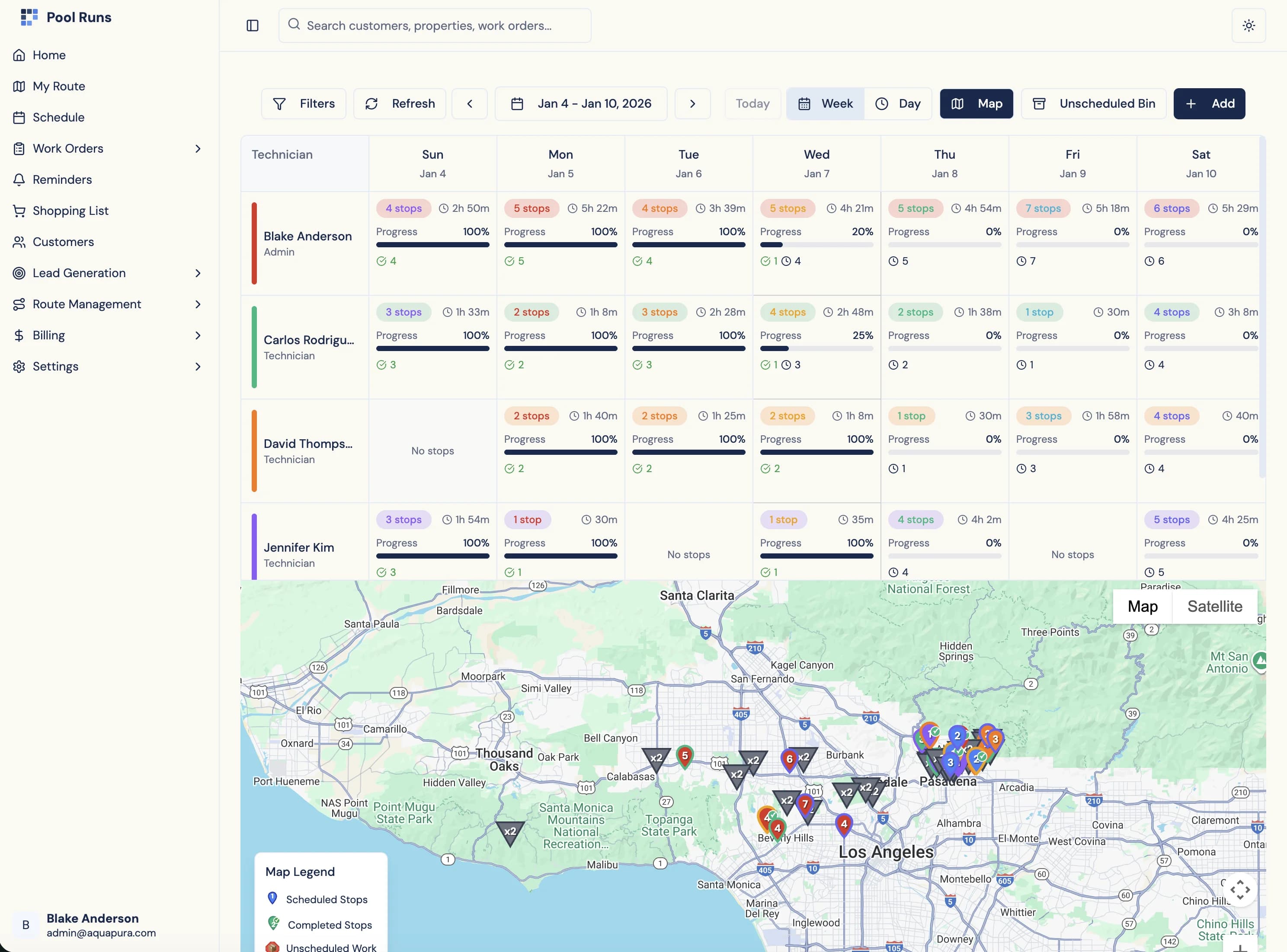 Pool Runs scheduling dashboard showing weekly calendar with technician routes and map view
